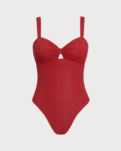 Kırmızı V Yaka Bralet Tek Parça Mayo Swimwear