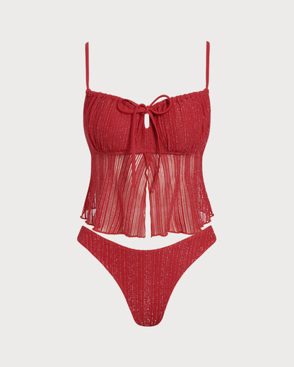 Kırmızı Kare Yaka Payetli Tankini Set