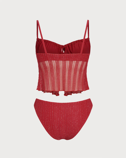 Kırmızı Kare Yaka Payetli Tankini Set