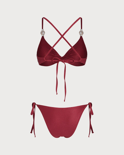 Kırmızı V Yaka Üçgen Büzgü Bağlamalı Bikini Takımı