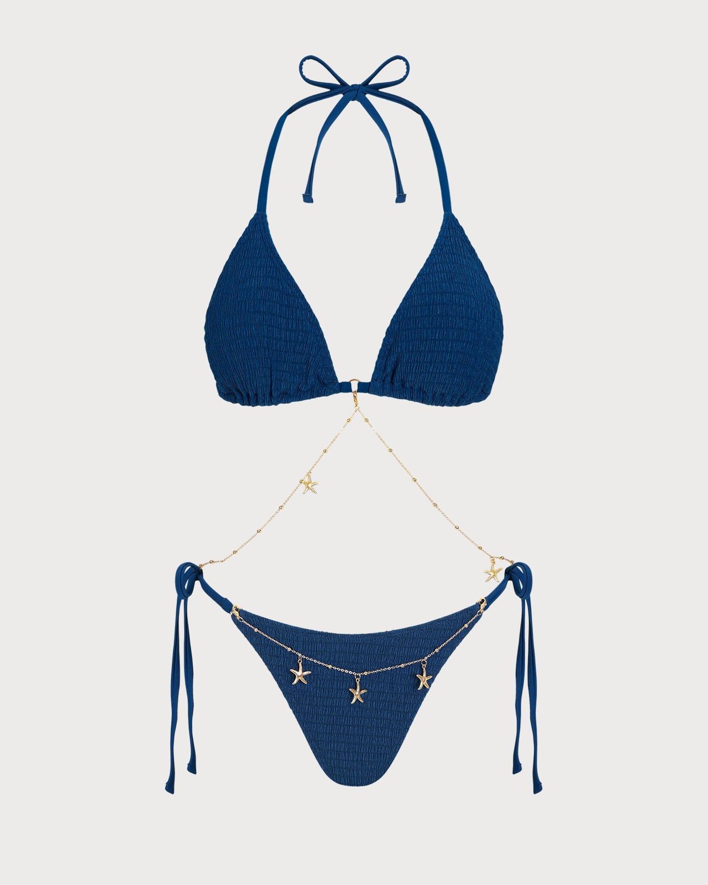 Mavi Boyundan Bağlamalı Dokulu Büzgü Bağlamalı Bikini Takımı