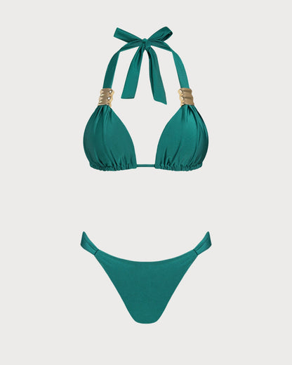 Yeşil Boyundan Bağlamalı Üçgen Bikini Takımı