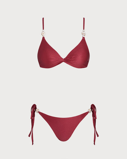 Kırmızı V Yaka Üçgen Büzgü Bağlamalı Bikini Takımı