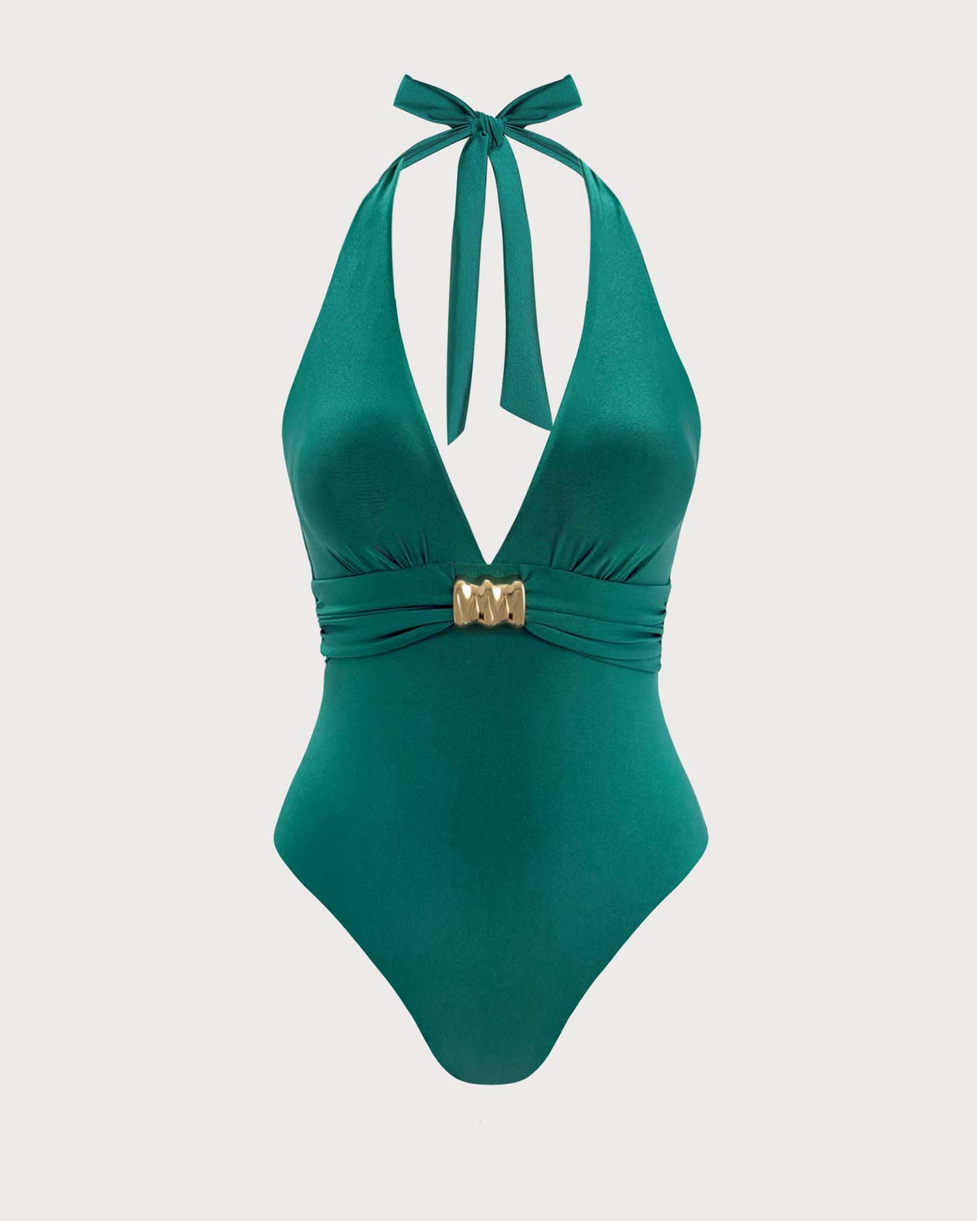 Yeşil Boyundan Bağlamalı Büzgülü Bralet Tek Parça Mayo