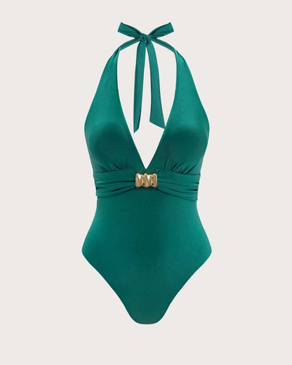 Yeşil Boyundan Bağlamalı Büzgülü Bralet Tek Parça Mayo
