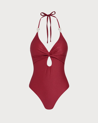 Kırmızı Boyundan Bağlamalı Bralet Tek Parça Mayo Swimwear