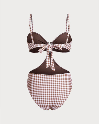 Kahve Ekoseli Tek Parça Mayo Swimwear