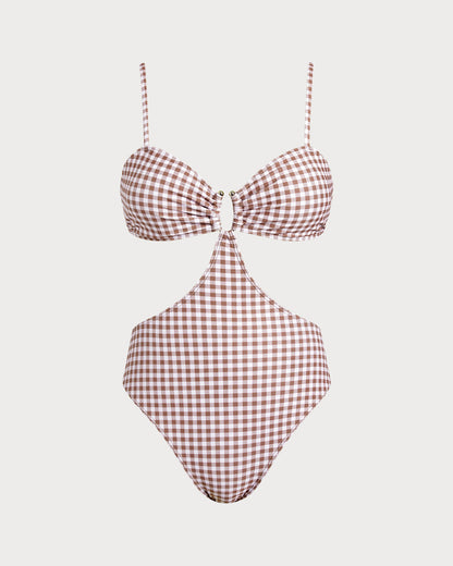 Kahve Ekoseli Tek Parça Mayo Swimwear
