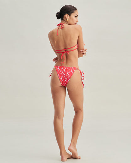 Kırmızı Çiçek Desenli Büzgü Bağlamalı Üçgen Bikini Takımı