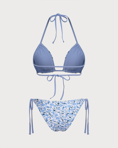 Mavi Çiçek Desenli Üçgen Bikini Takımı