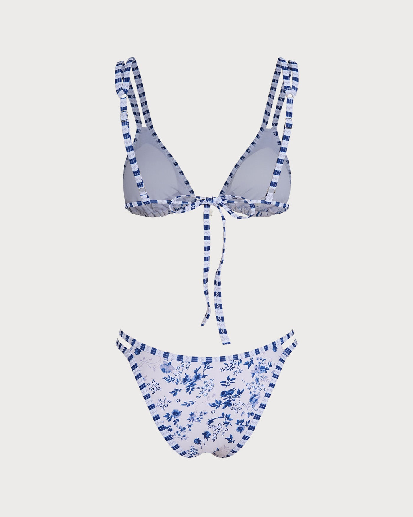 Beyaz Çiçek Desenli Büzgü Bağlamalı Üçgen Bikini Takımı