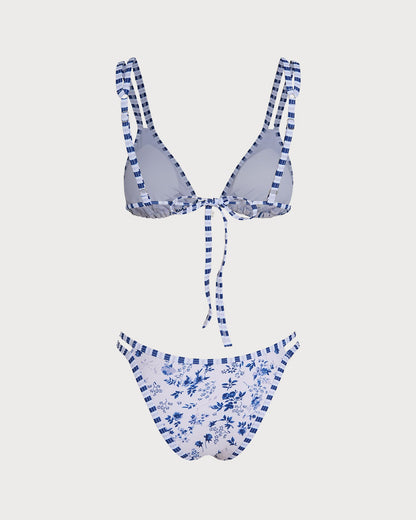 Beyaz Çiçek Desenli Büzgü Bağlamalı Üçgen Bikini Takımı