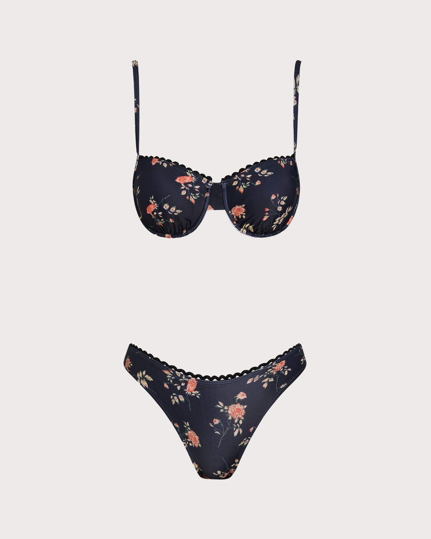 Lacivert Çiçek Desenli Balenli Bikini Takımı