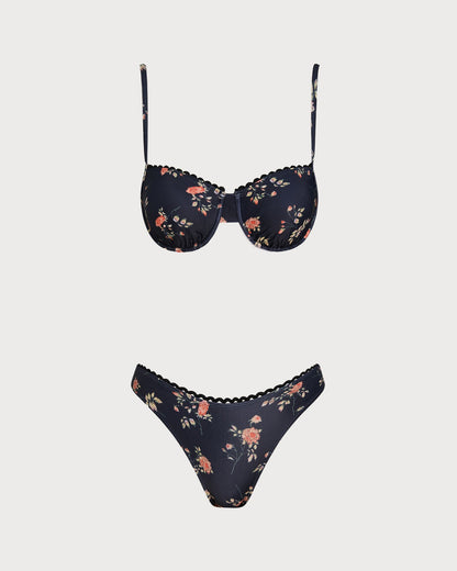 Lacivert Çiçek Desenli Balenli Bikini Takımı