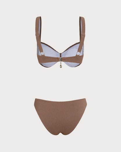 Kahverengi Çizgili Üçgen Bikini Takımı