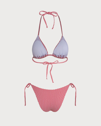 Kırmızı Ekoseli Üçgen Bikini Takımı