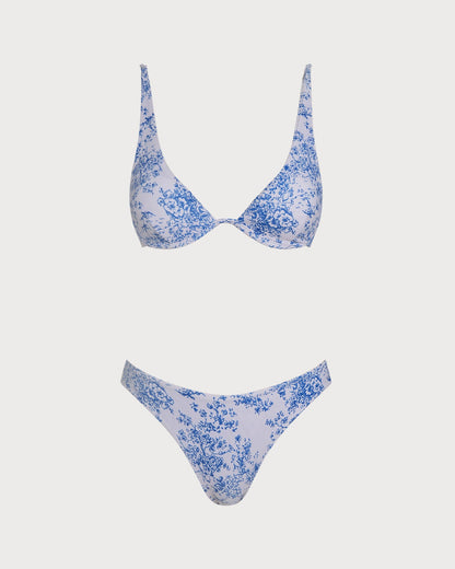 Mavi Çiçek Desenli Balenli Bikini Takımı