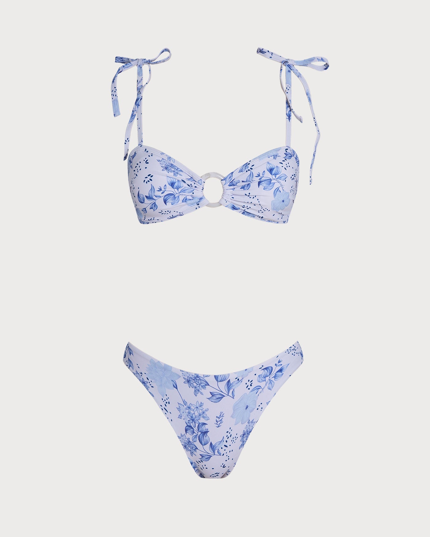 Beyaz Çiçek Desenli Bağlamalı Askılı Üçgen Bikini Takımı