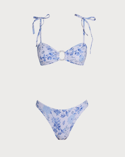 Beyaz Çiçek Desenli Bağlamalı Askılı Üçgen Bikini Takımı