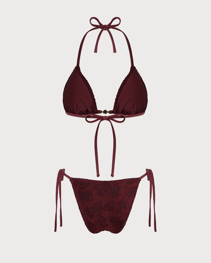 Kiremit Kırmızısı Boyundan Bağlamalı Dokulu Bikini Takımı