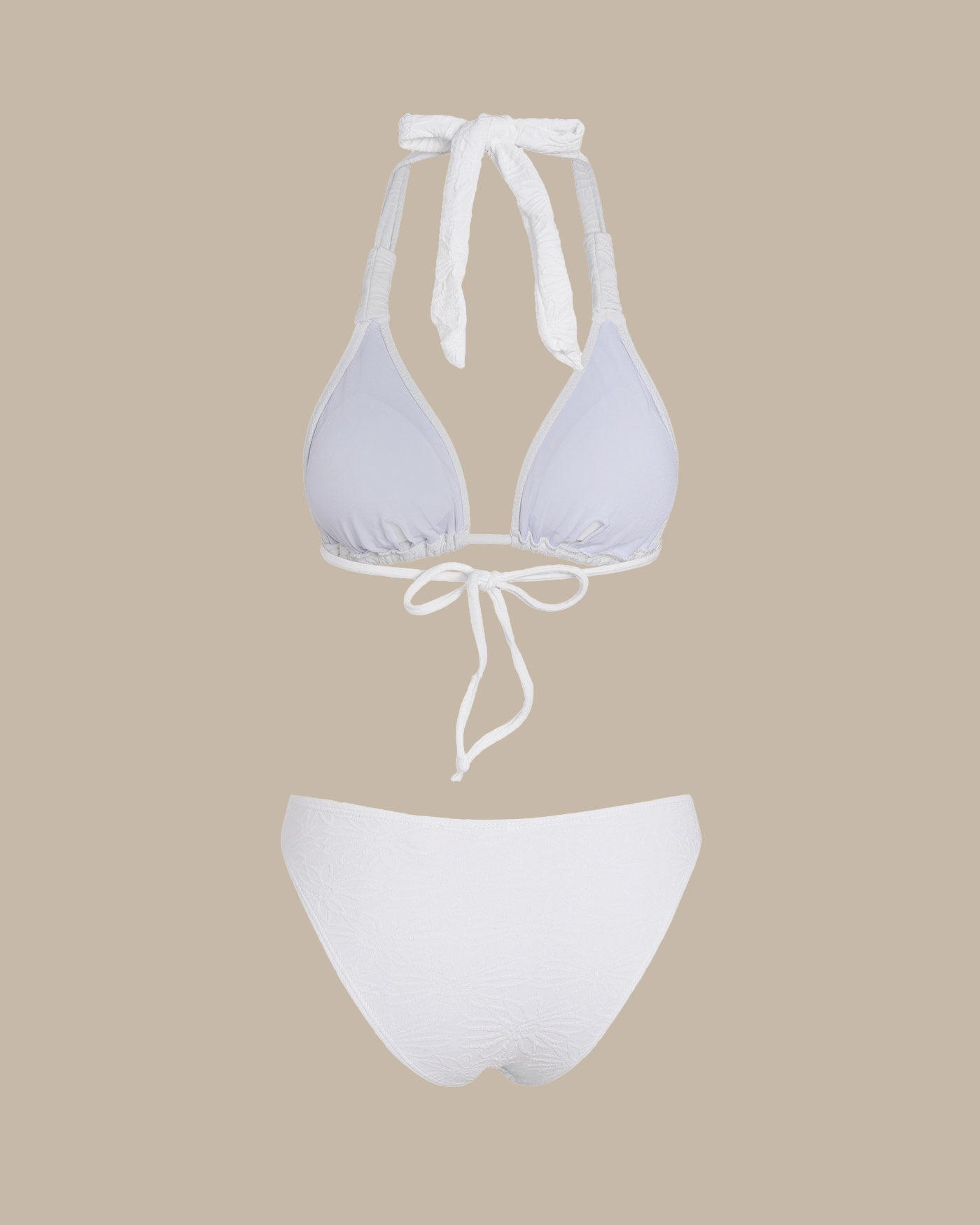 Beyaz Dokulu Boyundan Bağlamalı Üçgen Bikini Takımı