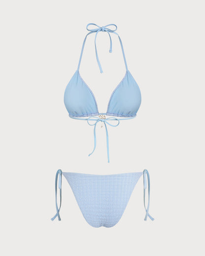 Mavi Boyundan Bağlamalı Büzgü Bağlamalı Üçgen Bikini Takımı