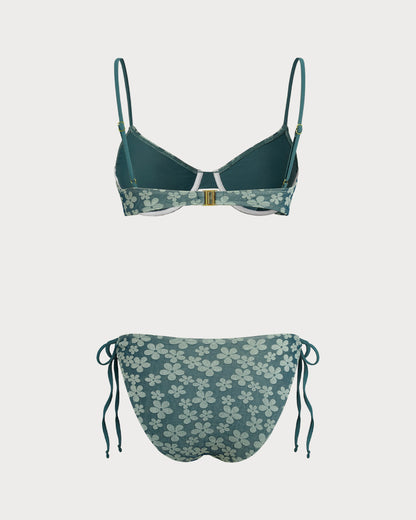 Yeşil Çiçek Desenli Balenli Bikini Takımı