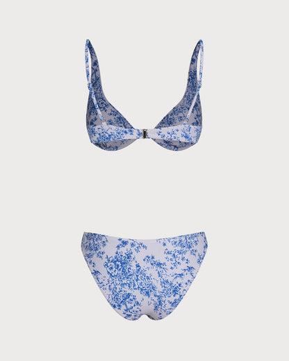 Mavi Çiçek Desenli Balenli Bikini Takımı