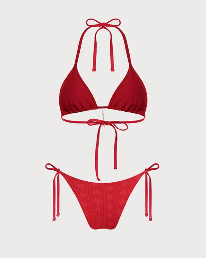 Kırmızı Jakarlı Boyundan Bağlamalı Büzgü Bağlamalı Bikini Takımı