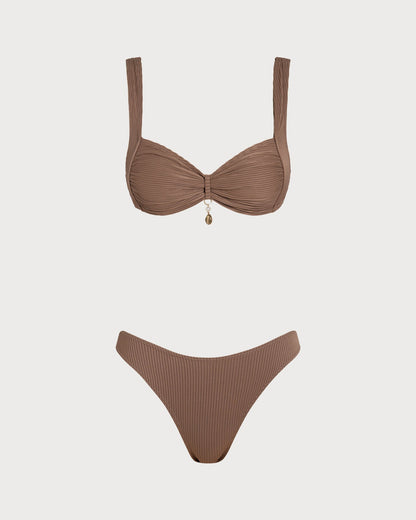 Kahverengi Çizgili Üçgen Bikini Takımı