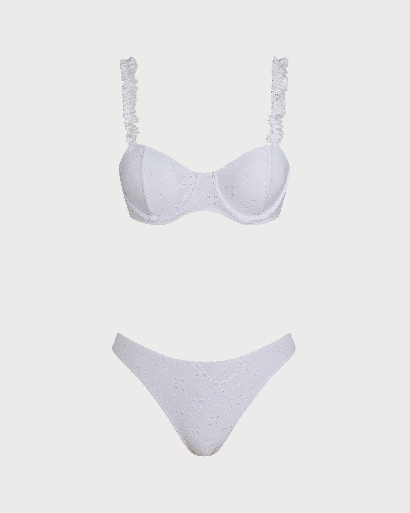Beyaz Jakarlı Balenli Büzgü Bağlamalı Bikini Takımı