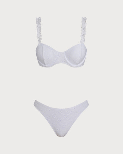 Beyaz Jakarlı Balenli Büzgü Bağlamalı Bikini Takımı