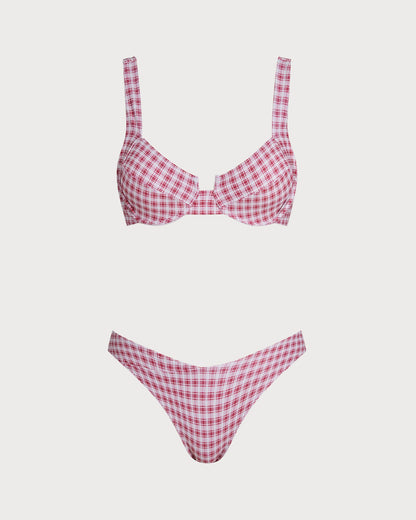 Kırmızı Ekoseli Balenli Bikini Takımı