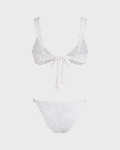 Beyaz V Yaka Dokulu Bralet Bikini Takımı