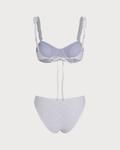 Beyaz Jakarlı Balenli Büzgü Bağlamalı Bikini Takımı