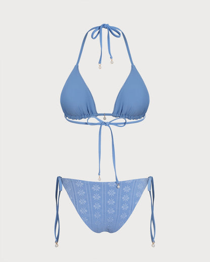 Mavi Boyundan Bağlamalı Üçgen Çift Taraflı Bikini Takımı