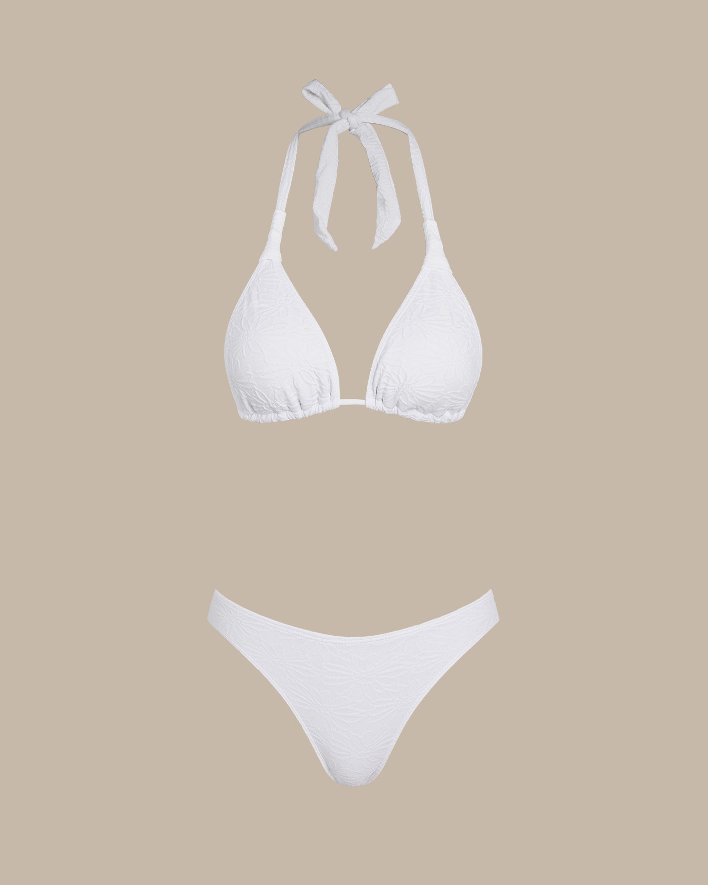 Beyaz Dokulu Boyundan Bağlamalı Üçgen Bikini Takımı