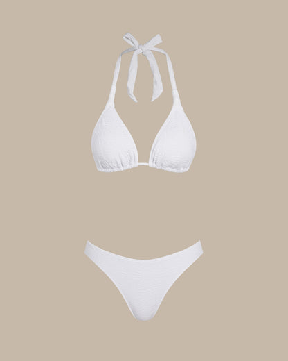 Beyaz Dokulu Boyundan Bağlamalı Üçgen Bikini Takımı