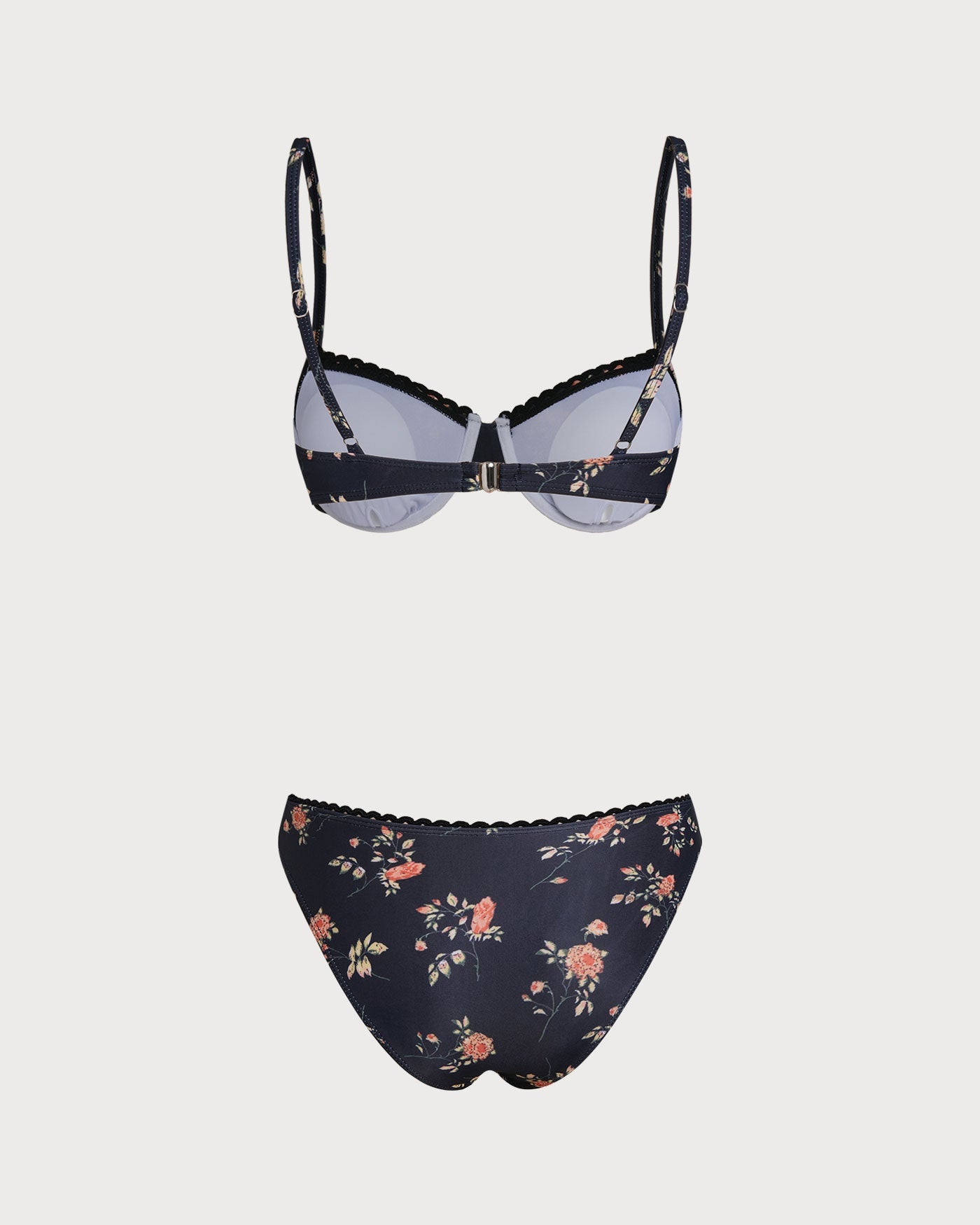 Lacivert Çiçek Desenli Balenli Bikini Takımı