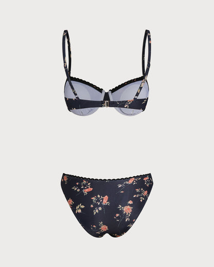 Lacivert Çiçek Desenli Balenli Bikini Takımı