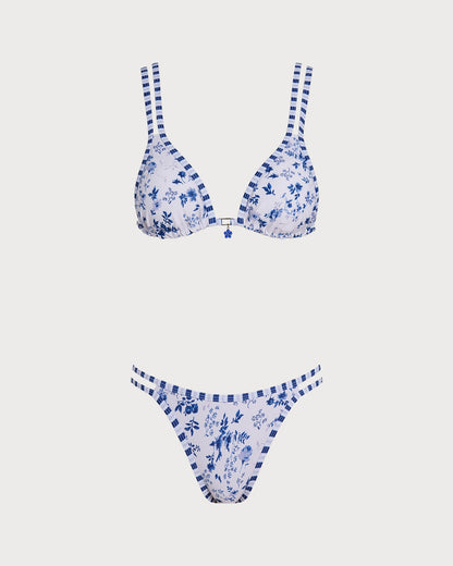 Beyaz Çiçek Desenli Büzgü Bağlamalı Üçgen Bikini Takımı