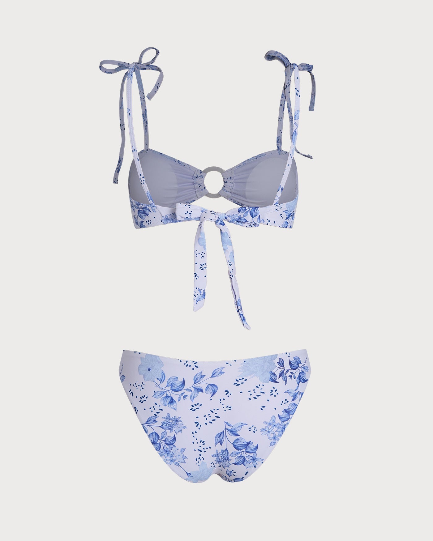 Beyaz Çiçek Desenli Bağlamalı Askılı Üçgen Bikini Takımı