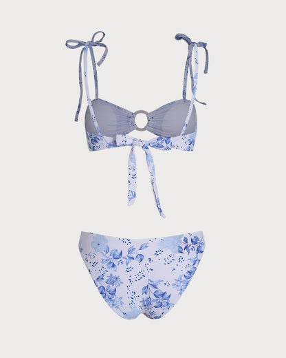 Beyaz Çiçek Desenli Bağlamalı Askılı Üçgen Bikini Takımı