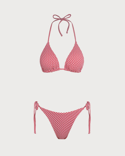 Kırmızı Ekoseli Üçgen Bikini Takımı