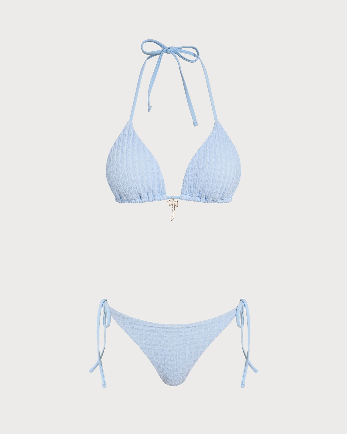 Mavi Boyundan Bağlamalı Büzgü Bağlamalı Üçgen Bikini Takımı