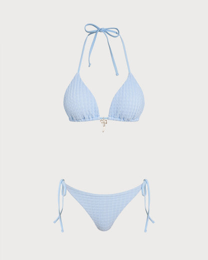 Mavi Boyundan Bağlamalı Büzgü Bağlamalı Üçgen Bikini Takımı