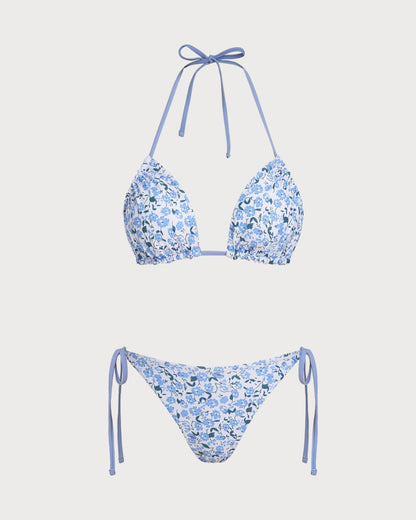 Mavi Çiçek Desenli Üçgen Bikini Takımı