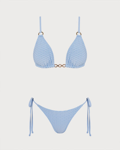 Mavi V Yaka Halka Detaylı Üçgen Bikini Takımı