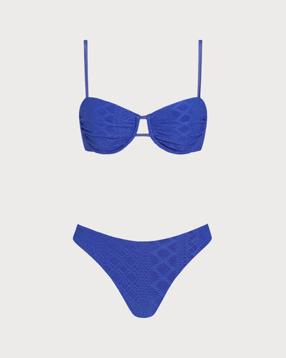 Mavi Dokulu Büzgü Bağlamalı Balenli Bikini Takımı