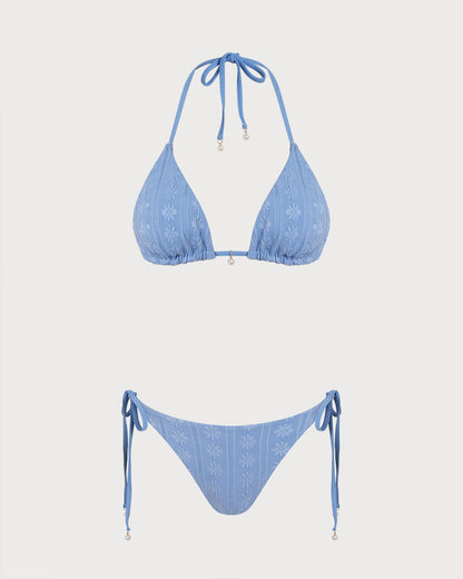 Mavi Boyundan Bağlamalı Üçgen Çift Taraflı Bikini Takımı